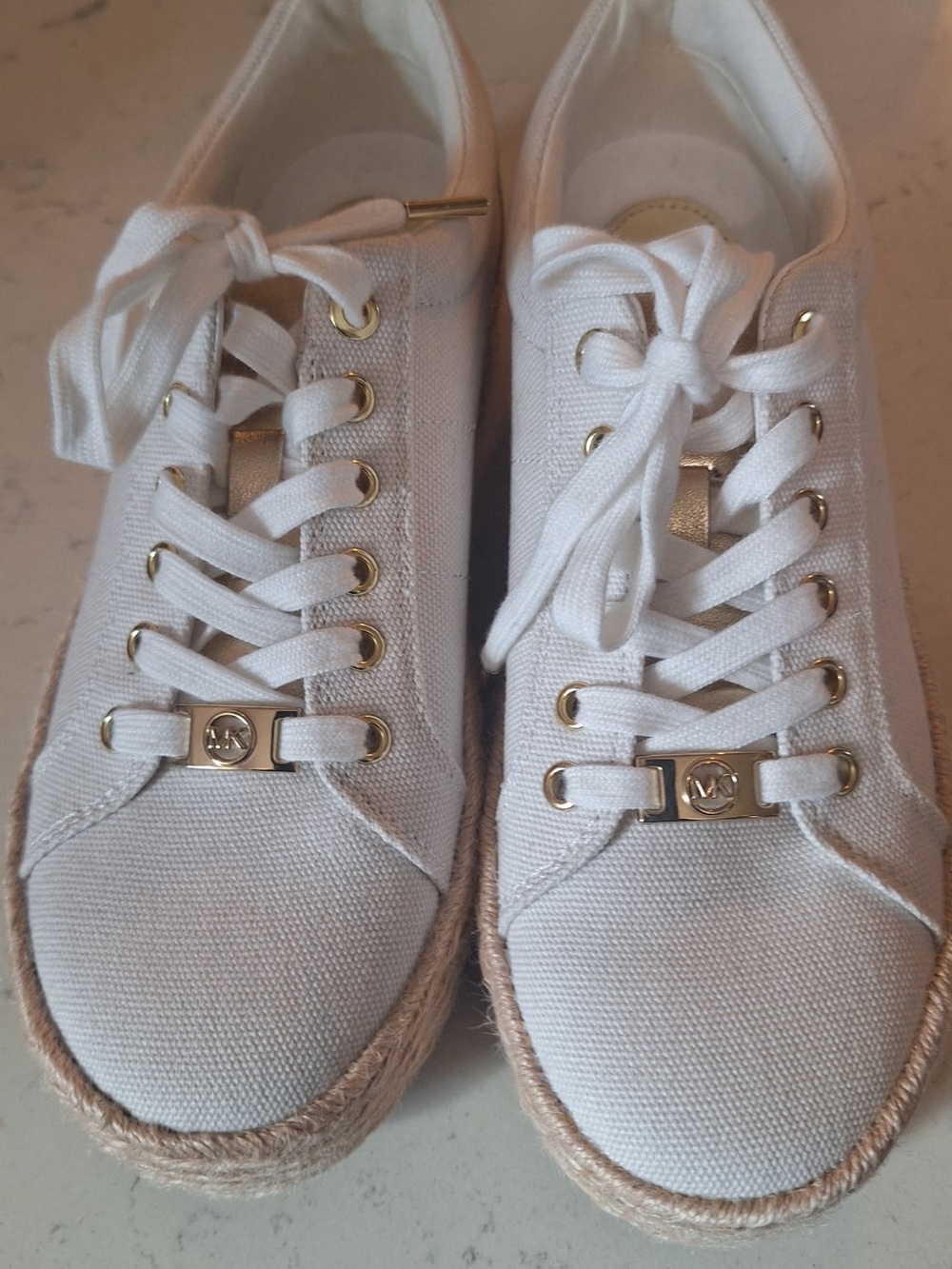 Michael Kors White Canvas Espadrille Sneakers with Gold Hardware
